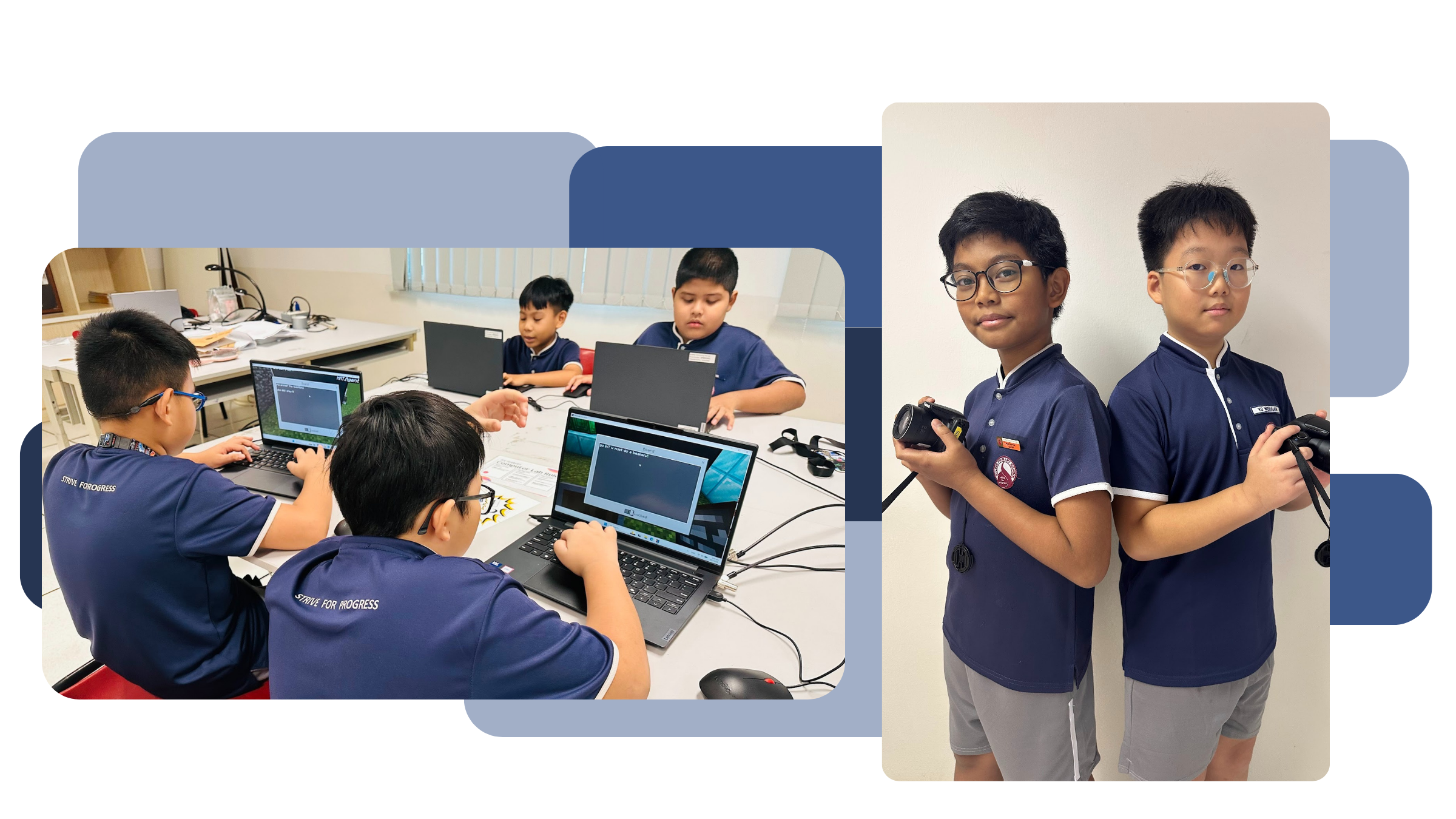 Infocomm Club students working on laptops during a coding session, and two students posing with DSLR cameras.